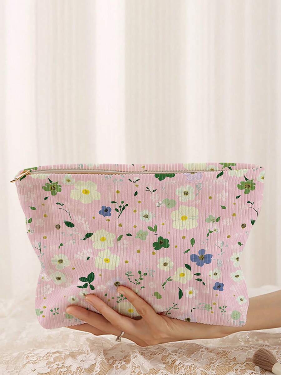 1pc Portable Floral Pattern Cosmetic Bag, Double-Sided Printed Zipper Makeup Pouch, Multifunctional Travel Toiletry Organizer - Multicolor - View 1