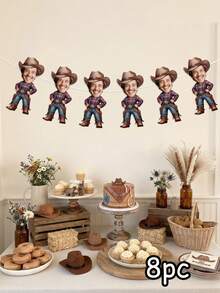 4/8/12pcs Custom Photo Cowboy Banner, Personalized Face Bunting, Rustic Western Wild West Garland, Men's Cowboy/Rodeo Themed Birthday Party Banner, Country/Rodeo Celebration Decor - Multicolor - View 9