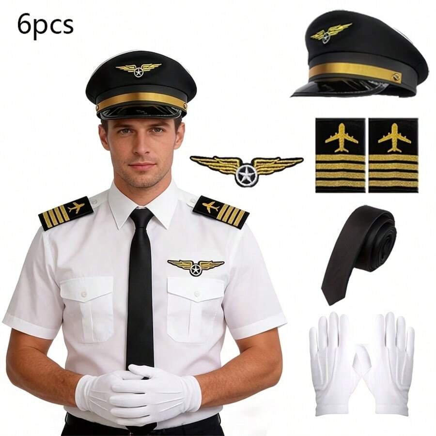 6pcs Air Pilot Themed Costume Set, Including Hat, Arm Patch, Tie, Gloves, Chest Badge, Suitable For Navy Theme Party, Cosplay, Party Supplies, Carnival, Halloween, Prom - Multicolor - View 1