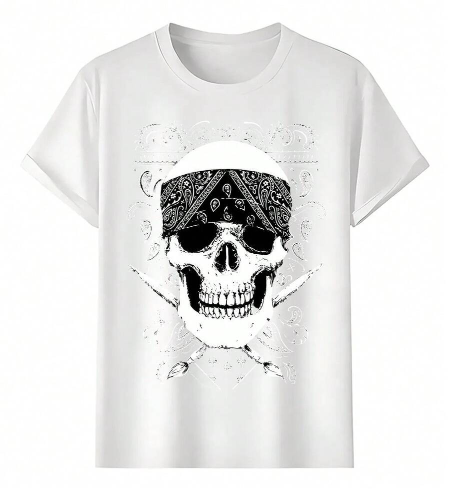 Skull T-Shirts With Printed Bandana - White - View 1