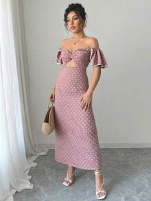 Vestido de estilo callejero elegante de mujer con lunares, hombros descubiertos y abertura en la cintura, ideal para vacaciones de verano - Rosa Pálido - Ver 4