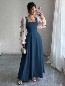 Vestido de mujer con parches tejidos, decoración de lazo y cintura ceñida - Azul marino - Ver 1