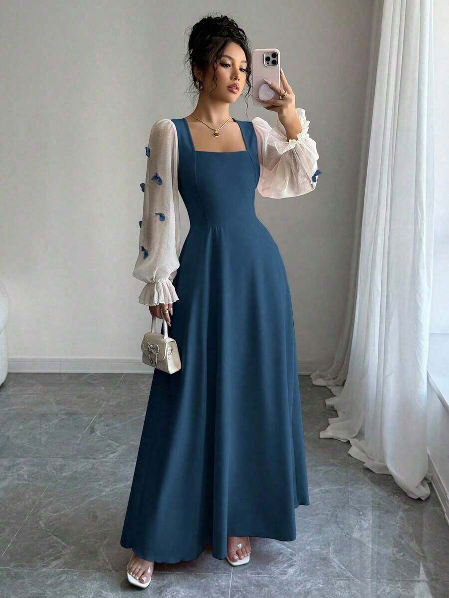 Vestido de mujer con parches tejidos, decoración de lazo y cintura ceñida - Azul marino - Ver 1