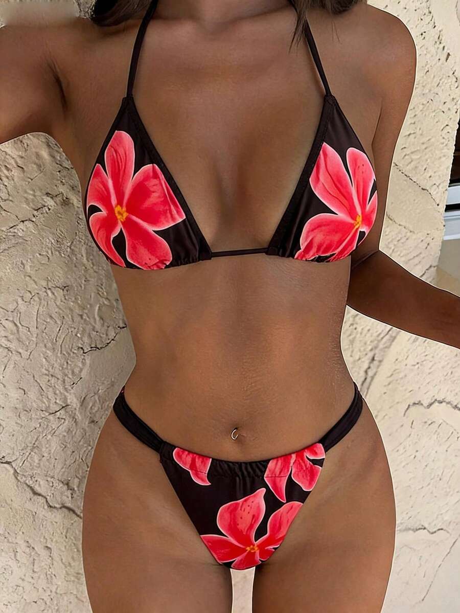 Bộ bikini nữ - Họa tiết hoa retro, hai mảnh, áo ngực tam giác, quần cạp cao xếp ly, đồ bơi gợi cảm cho kỳ nghỉ hè trên bãi biển. - Nhiều màu - Xem 1
