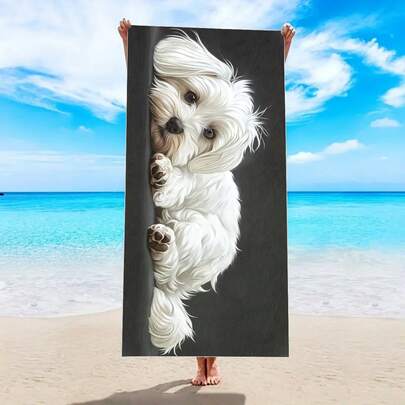 1件西高地白梗犬印花海灘巾 - 長方形聚酯纖維海灘巾，針織輕量旅行運動巾，可機洗，柔軟吸水