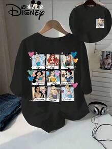Oversized, Authentic Disney Design Featuring The Nine Disney Princesses, Cartoon Characters And Mickey Mouse Head, Combined With Balloon And Star Decoration, Disney Summer Novelty Short-Sleeved T-Shirt, Women's Casual Printed T-Shirt. - màu đen - Xem 5