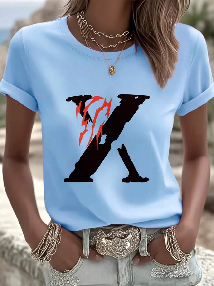 Red Flame Design And Print X Digital Print Short Sleeve Unisex Pure Cotton Loose And Comfortable - 藍色 - 查看 1