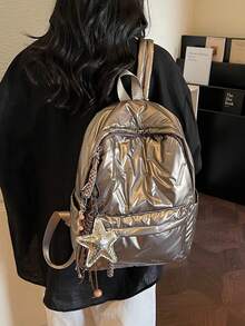 Classic University Style Backpack, Solid Color & Diamond Pattern Design, Large Capacity Multi-Pocket, Suitable For School, Travel And Vacation - Gold - View 3