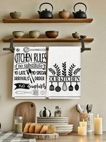 2 Pcs Funny Kitchen Quote & Utensil Pattern Kitchen Towels Rustic Minimalist Style Dish Towels Can Be Used In Kitchen Drying Hand Towels Tea Towels Suitable For Farmhouse Kitchen Home Indoor Dish Drying - Black and White - View 8