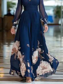 French Fitted Maxi Dress With Mesh Print Spring 2026 - Blue - View 3