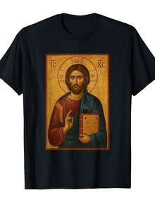 Camiseta con Icono Cristiano Ortodoxo para Hombre - Arte Tradicional de la Iglesia Ortodoxa con Texto Griego, Ropa Religiosa Azul y Dorada, Corte Holgado, Manga Corta, para Cristianos Ortodoxos Orientales, Ropa Casual y Servicios de Iglesia - Ropa que Expresa la Fe, Ropa Espiritual, Estilo Vintage, Tejido Duradero, Ropa Inspirada en la Fe, Comunidad de Fe, Cuello Redondo Clásico, Impresión de Alta Calidad, Moda Inspirada en la Fe, Camiseta Ortodoxa, Arte Cristiano, Impresión Premium. - Negro - Ver 2