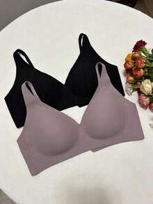 2pcs/Set Sexy V-Neck Women's Bras, Comfortable Fashion Minimalist Wireless Soft Support Sports Bras - Multicolor - View 2