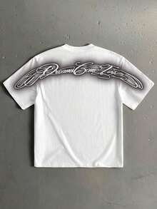 Manfinity Roghcode Camiseta de manga corta holgada de ajuste estándar para hombre con estampado de fuente manuscrita curva, esencial para citas y reuniones, atuendo de moda, adecuado como regalo para el novio - Blanco - Ver 5