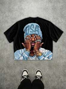 Manfinity Roghcode Men's Hip Hop Style Loose Fit Cropped T-Shirt With All-Over Print, Ideal For Summer - 黑色 - 查看 12