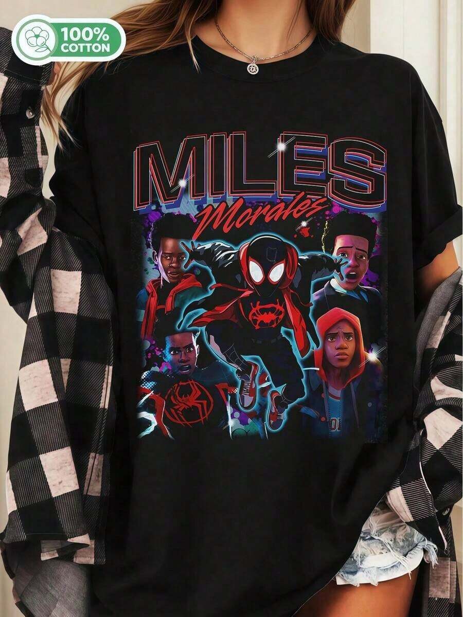 T-Shirt Graphique Rétro Miles Morales Spider-Verse, Chemise,Cotton Tops,Holiday Outfits For Women,Festival Outfits Women,Holiday Essentials,Going Out Tops,Going Out Outfits,Men Women T-Shirt Print Tee,FamilyMatching Outfit Adult And Children's Sizes,Free Shipping - 黑色 - 查看 1