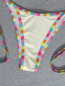 Conjunto de bikini de unicolor con contraste nuevo para mujer en verano, traje de baño con escote halter y espalda descubierta, tela de alta elasticidad, para fiesta/festival de música, atue - Rosa 2 - Ver 6