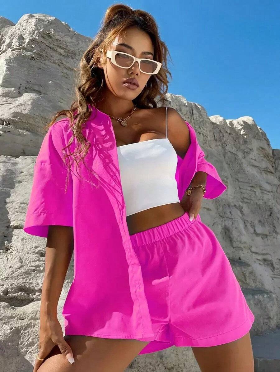Solid Color Shirt With Dropped Shoulder Buttons & Shorts - Fuchsia Pink - View 1