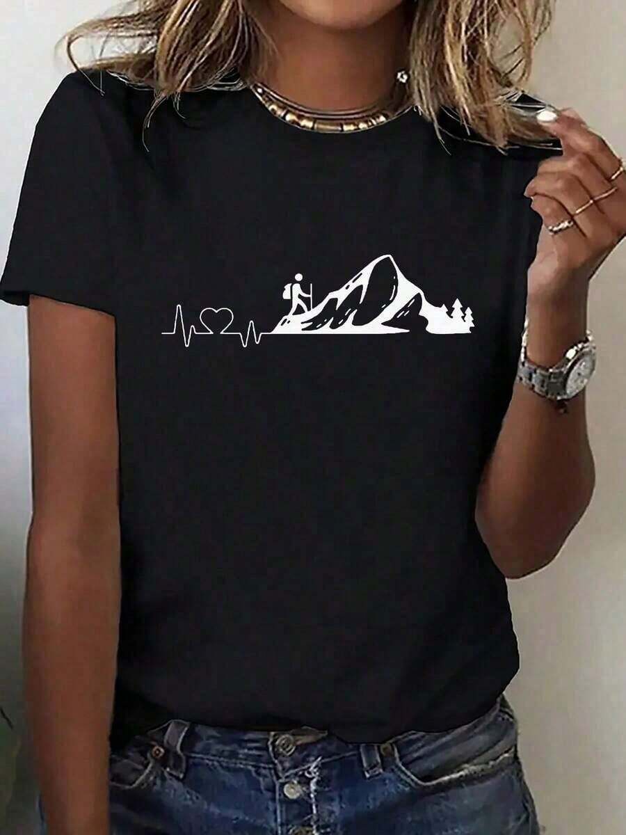 1 Women's Lightweight Cotton T-Shirt, Short Sleeve, Casual Design With Outdoor Adventure And Hiking Print, Elastic Round Neck, Comfortable For All Seasons, Washable, Accessory For Nature Lovers, Landscape Print T-Shirt, Non-Transparent Material For Daily Use. - 黑色 - 查看 1