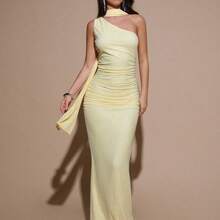 . .   Vestido de malla ajustado con drapeado asimétrico, elegante y sexy vestido de gala para fiesta, boda, cumpleaños, Navidad, Halloween - Amarillo claro - Rosa Pálido - Ver 6