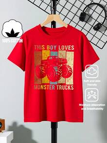 Boys' T-Shirt "This Boy Loves Monster Trucks" 100% Cotton, Soft And Comfortable For Everyday Wear, Suitable For Home, Outdoors And Sports Activities, Comfortable And Breathable - 軍綠色 - 查看 1