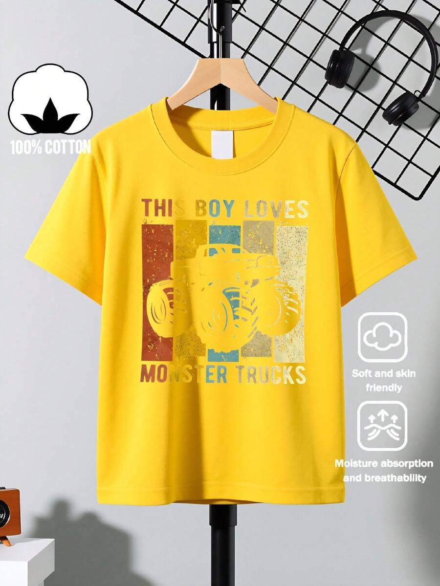 Boys' T-Shirt "This Boy Loves Monster Trucks" 100% Cotton, Soft And Comfortable For Everyday Wear, Suitable For Home, Outdoors And Sports Activities, Comfortable And Breathable - 黃色 - 查看 1