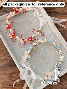 1pc Fairy Tulle Ribbon Pearl Flower Headband, Mori Style Multicolor Hair Accessory, Unisex For Wedding, Party, Valentine's Day, New Year - Multicolor - View 2