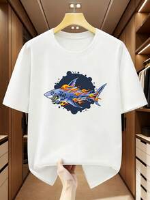 Men's Pure Cotton T-Shirt, 100% Cotton, With A Modern Flaming Shark Design, Round Neck, Short Sleeve, Comfortable And Casual For Summer. - White - View 6