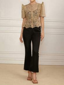 Blusa elegante de encaje con volantes estilo Filipiniana moderno - Café integral - Ver 3