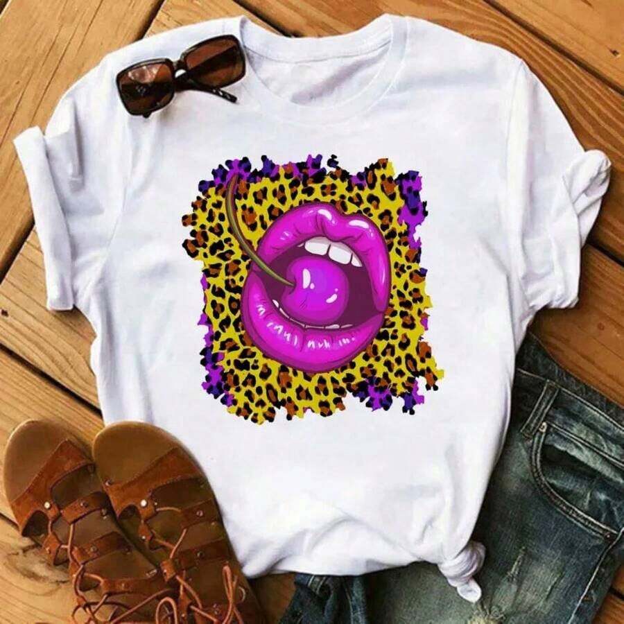 New Women's T-Shirt With Pink Lips And Leopard Print, Casual Style, Round Neck, Sexy, Black, With Kiss Design, Fun, For Girls, Dropshipping - 咖啡棕 - 查看 1