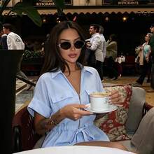 ZAHM Áo sơ mi dáng suông màu xanh nhạt, thích hợp mặc mùa hè. - Rửa nhẹ - Xem 12