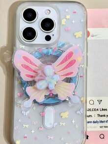 1pc Fresh Style Pink Butterfly Rotating Magnetic Phone Stand, Telescopic Portable Phone Desk Stand, Suitable As Holiday Gift For Sisters, Girlfriends And Classmates (Use With Magnetic Plate For Stronger Grip And Less Likely To Fall Off) - Light Blue Butterfly - View 2