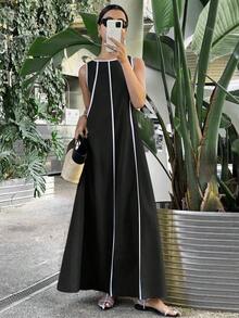 Vestido largo suelto sin mangas de unicolor para mujer, vestidos extra largos con paneles de colores contrastantes - Negro - Ver 12
