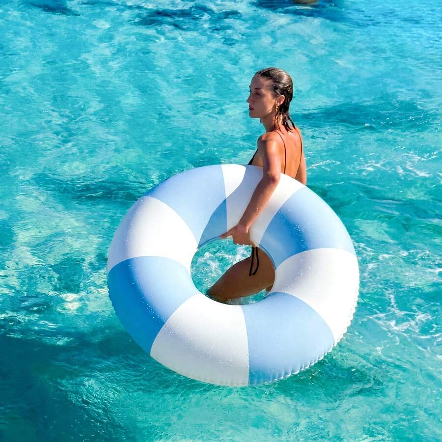 1pc Retro Striped Inflatable Swimming Ring, Suitable For Children And Adults, Great For Summer Water Park Floating - Baby Blue - View 1
