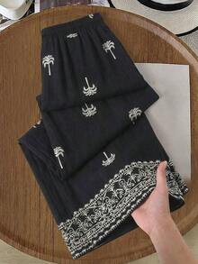 Pantalones anchos de pierna ancha con bolsillo y estampado de palmeras para mujer - Negro - Ver 1