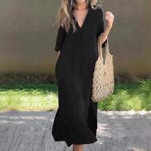 Women's Summer Bestseller Dress With Side Slits, V-Neck, 7/8 Sleeves, And Pleated Bust - 黑色 - 查看 4