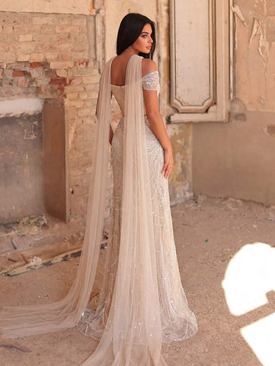 Faeriesty Elegant Women's Off-Shoulder Sequin Beaded Formal Dress, Off-Shoulder Design, Suitable For Gala Dinners And Special Occasions Wedding Party Fall