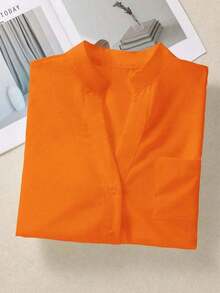 Camisa de mujer de unicolor con cuello en V y botones - Blusa casual y elegante de manga larga con detalle de bolsillo, adecuada para vacaciones, viajes y uso diario, artículo esencial para primavera, verano, otoño e invierno - Naranja - Ver 11