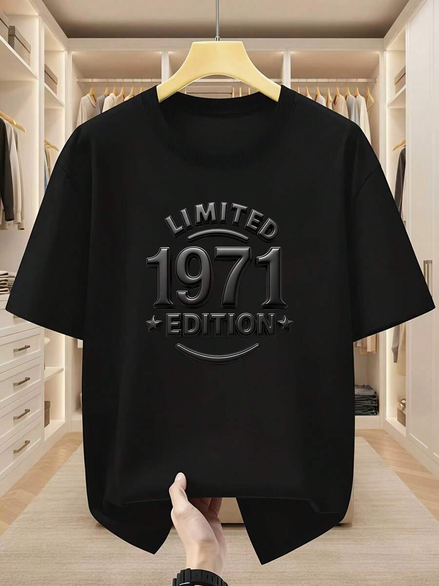 Men's Plus-Size Short-Sleeved T-Shirt, 100% Cotton, Limited Edition 1971 Version, Crew Neck Short-Sleeved T-Shirt With A Classic Print That Highlights A Unique Style. Comfortable And Casual T-Shirt For Summer. - 黑色 - 查看 1