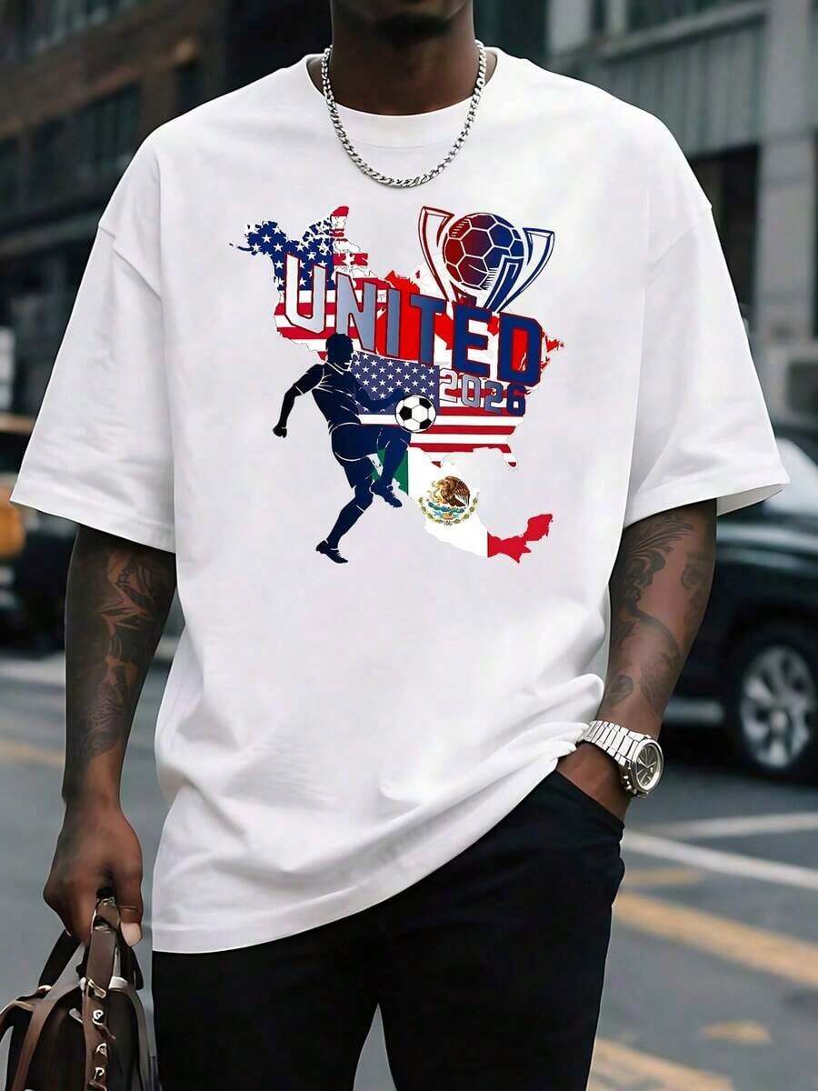 100% Cotton Printed T-Shirt. The Print Shows The Unity Between Countries Represented By A Football Player Connecting The Flags And Celebrating The Global Sporting Spirit. Men's World Cup T-Shirt. Ideal For Everyday Wear. - 白色 - 查看 1