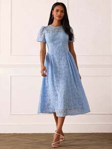 Vestido de encaje elegante y nuevo para mujer, vestido versátil de alta moda y gracia, adecuado para ir al trabajo, salidas casuales, reuniones, citas, fiestas, ocio, salidas, vacaciones, verano, viajes de vacaciones - Azul - Ver 7