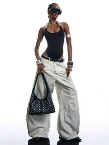 Body decorativo con escote halter y cuentas brillantes para mujer - Negro - Ver 7