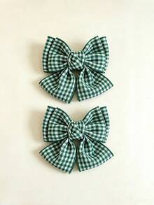 2pcs Girls' Minimalist Versatile Dual-Tone Plaid Bow Hair Clips, Suitable For Daily Wear And Back To School Season - Dark Green - View 6