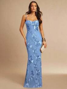 Fitted Strappy Dress With 3D Floral Print - Beige - View 1