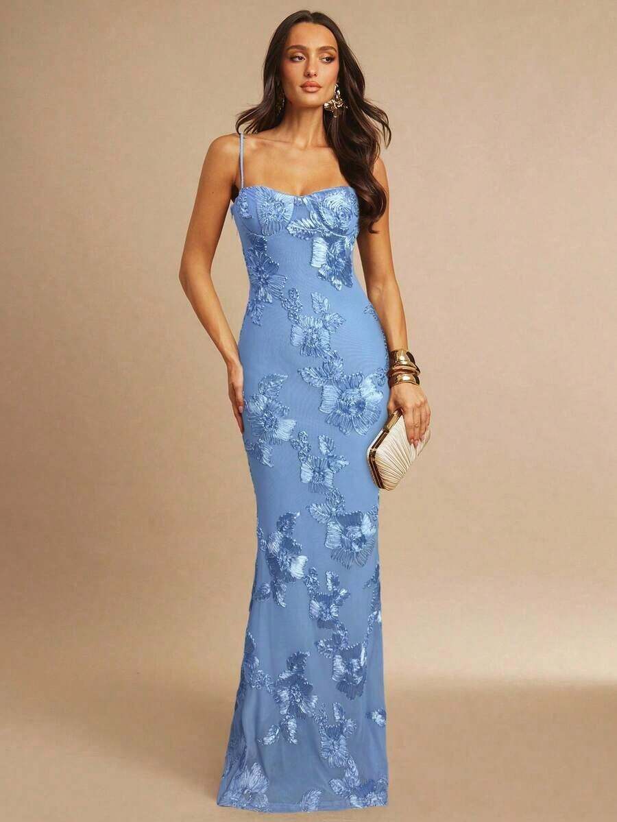 Fitted Strappy Dress With 3D Floral Print - Beige - View 1