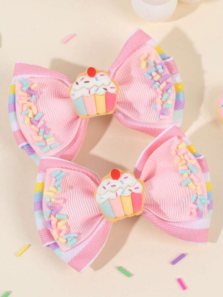 2pcs Pink Bow Hair Clips, Suitable For Girls. Cute Cupcake Decor, Rainbow Striped Print Hair Clips, Alligator Clips, Girls & Teens Hair Accessories, Suitable For Daily Life - Multicolor - View 1