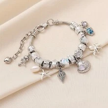 1 pieza Pulsera con cuentas de estilo playa y océano con colgantes de estrella de mar, concha, caracol y tortuga, accesorio versátil con vibra de vacaciones de verano y cadena de serpiente - Pulsera de vida marina - Ver 3