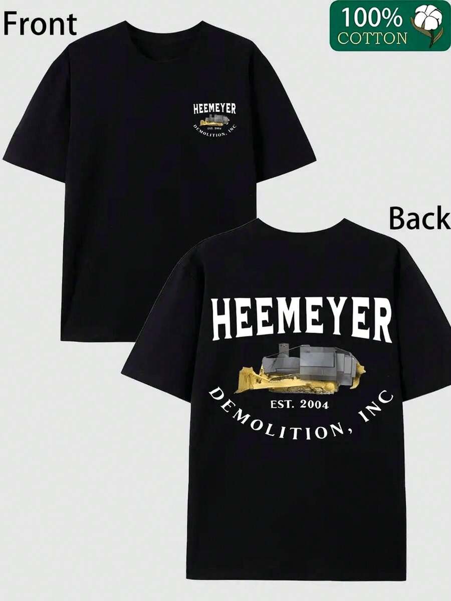 Camiseta de Trabajo Pesado HEEMEYER con Estampado de Bulldozer y Demolición en la Espalda y Logotipo - 100% Algodón, Corte Holgado, Cuello Redondo - Adecuada para uso casual en todas las estaciones, ideal para actividades al aire libre/fiestas de demolición - Regalo perfecto para trabajadores de la construcción y entusiastas, Camiseta Negra Oversize - Estilo Latino Streetwear / Casual Diario / Popular en - Negro - Ver 1