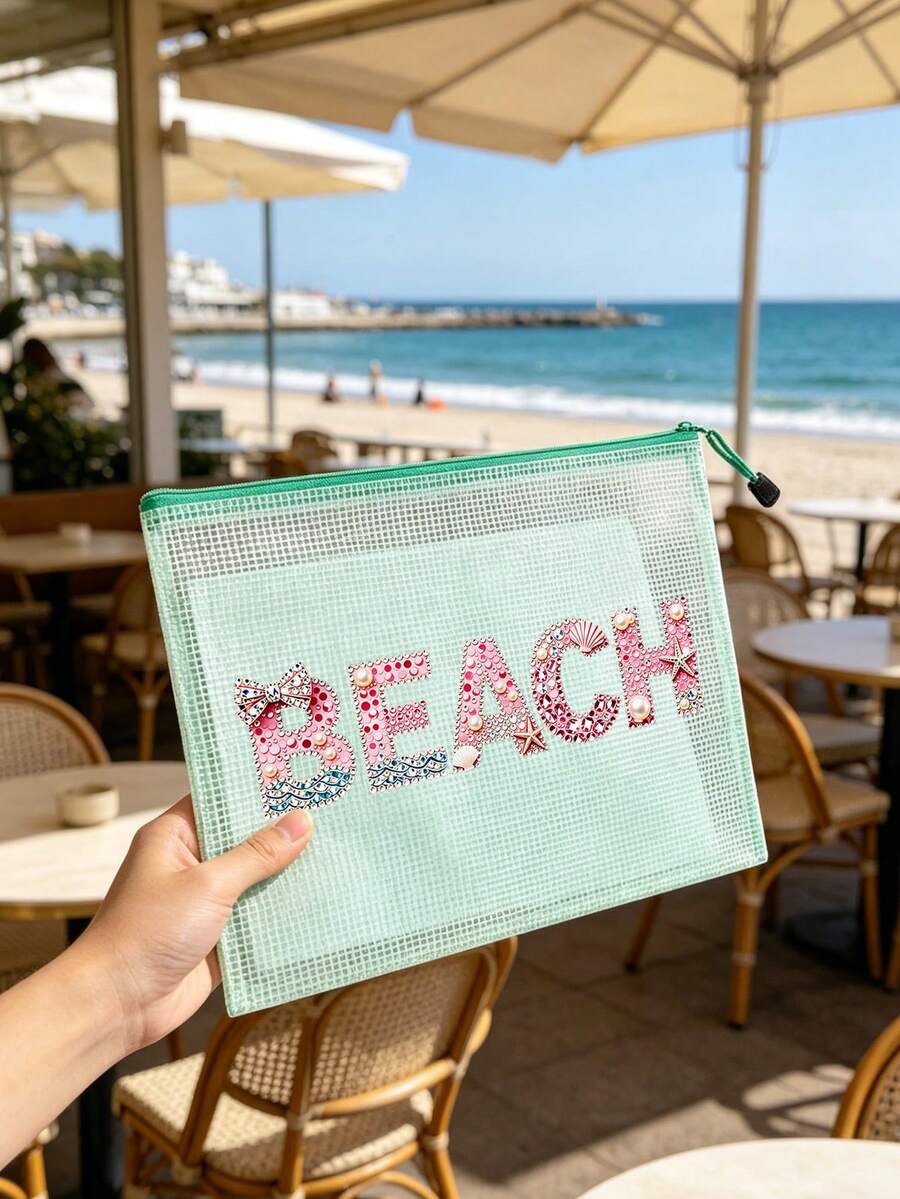 "Beach"字母印花5色文件袋化妝包盥洗包收納袋,鮮豔夏季風拉鍊多功能收納袋,輕量防水易清潔柔軟內裡便攜拉鍊開合,適用於海灘度假旅行健身房辦公室學校日常通勤,適合女性男性青少年學生海灘愛好者,可用於存放文件紙張化妝品護膚品牙刷小盥洗用品時尚眼鏡鑰匙 - 彩色 - 查看 1