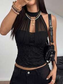 Nueva camiseta de tirantes con escote halter y espalda descubierta, ajuste ceñido, con relleno en el pecho - Negro - Ver 2