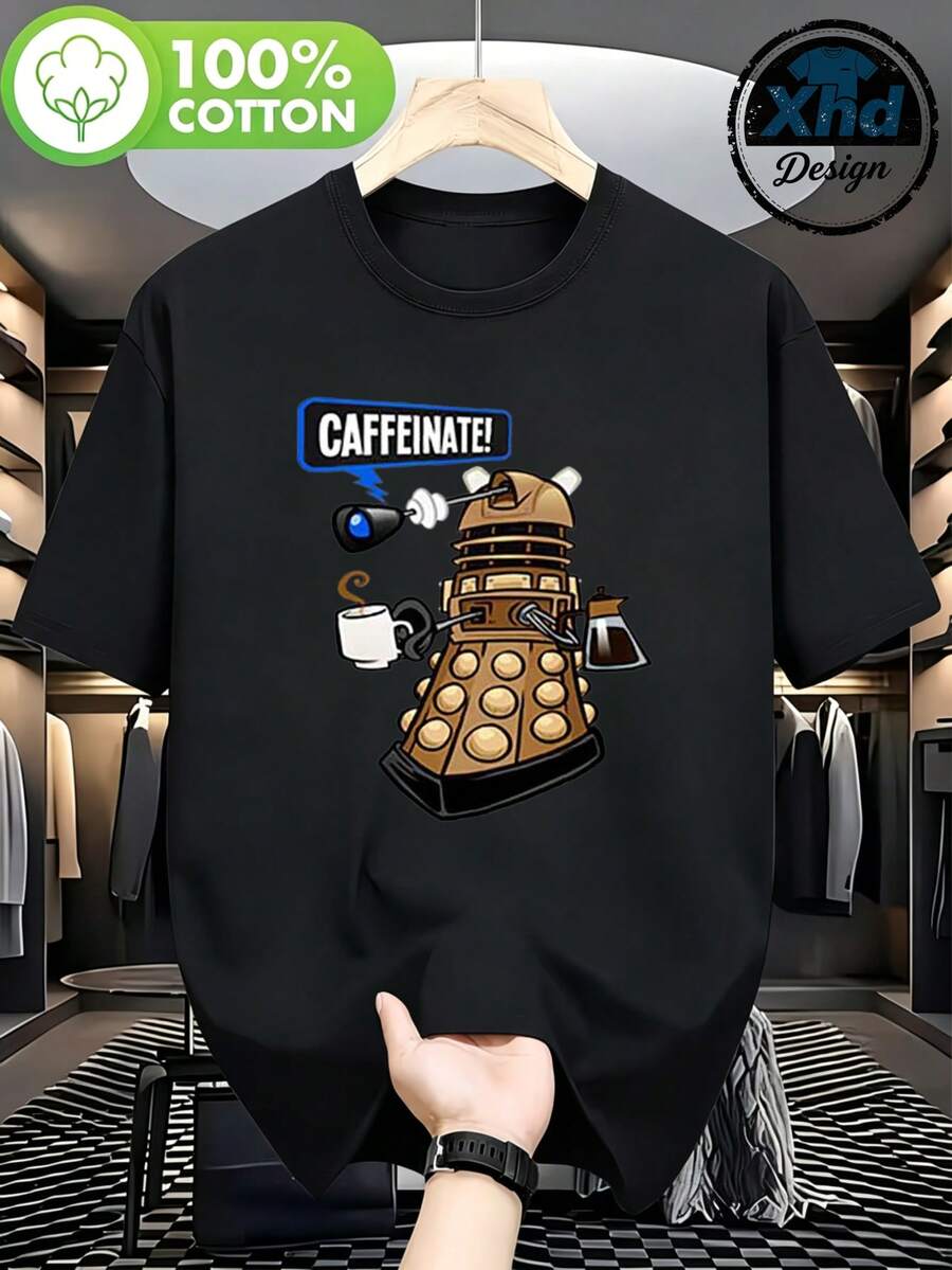 Men's Dalek Coffee Cup T-Shirt With Caffeine, Comfortable And Versatile, Casual Outdoor Short Sleeve - 黑色 - 查看 1